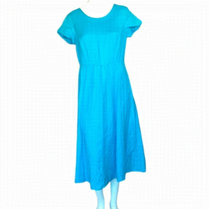 NWT Coldwater Creek Blue Linen Blend Pleated Short Sleeve Midi Dress Size 8